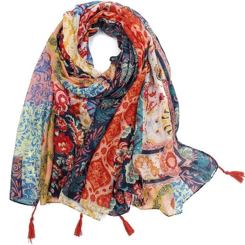 Boho Scarf for Women Lightweight Floral Printed Scarf Fall Winter Fashion Fringe